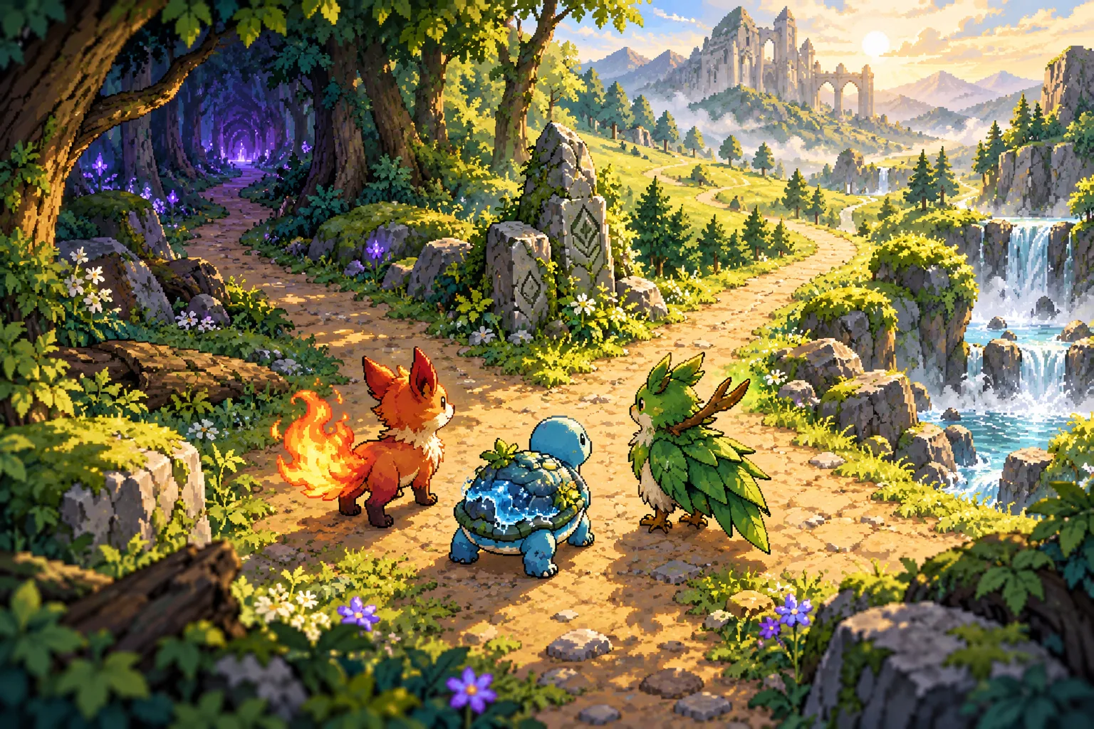 Original pixel-art illustration of three elemental fantasy companions at a forest crossroads