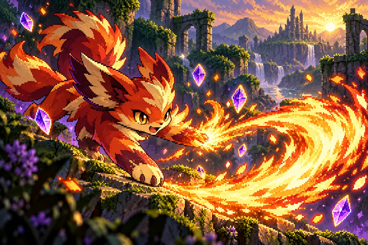 Original pixel-art illustration of a fiery fantasy companion unleashing an evolved attack