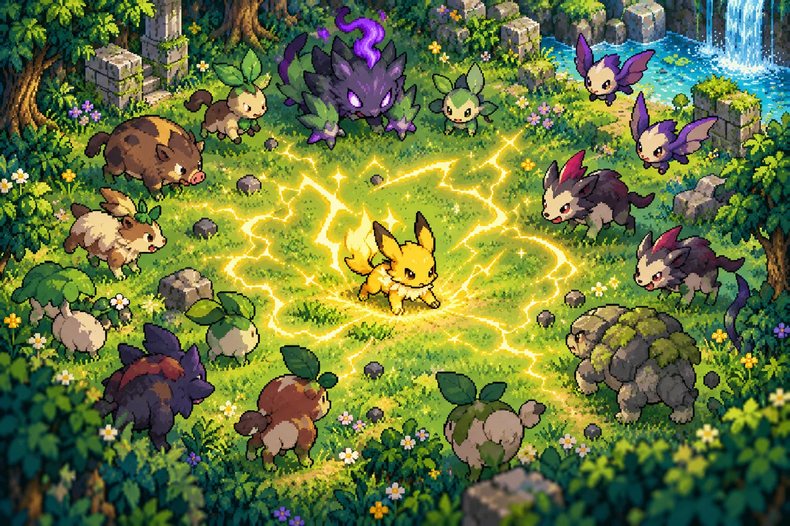 Original pixel-art illustration of an electric fantasy companion surrounded by wild creatures
